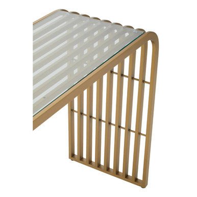 Matte Gold Slatted Console Table with Clear Glass Top | Vogue - MOOAZAA
