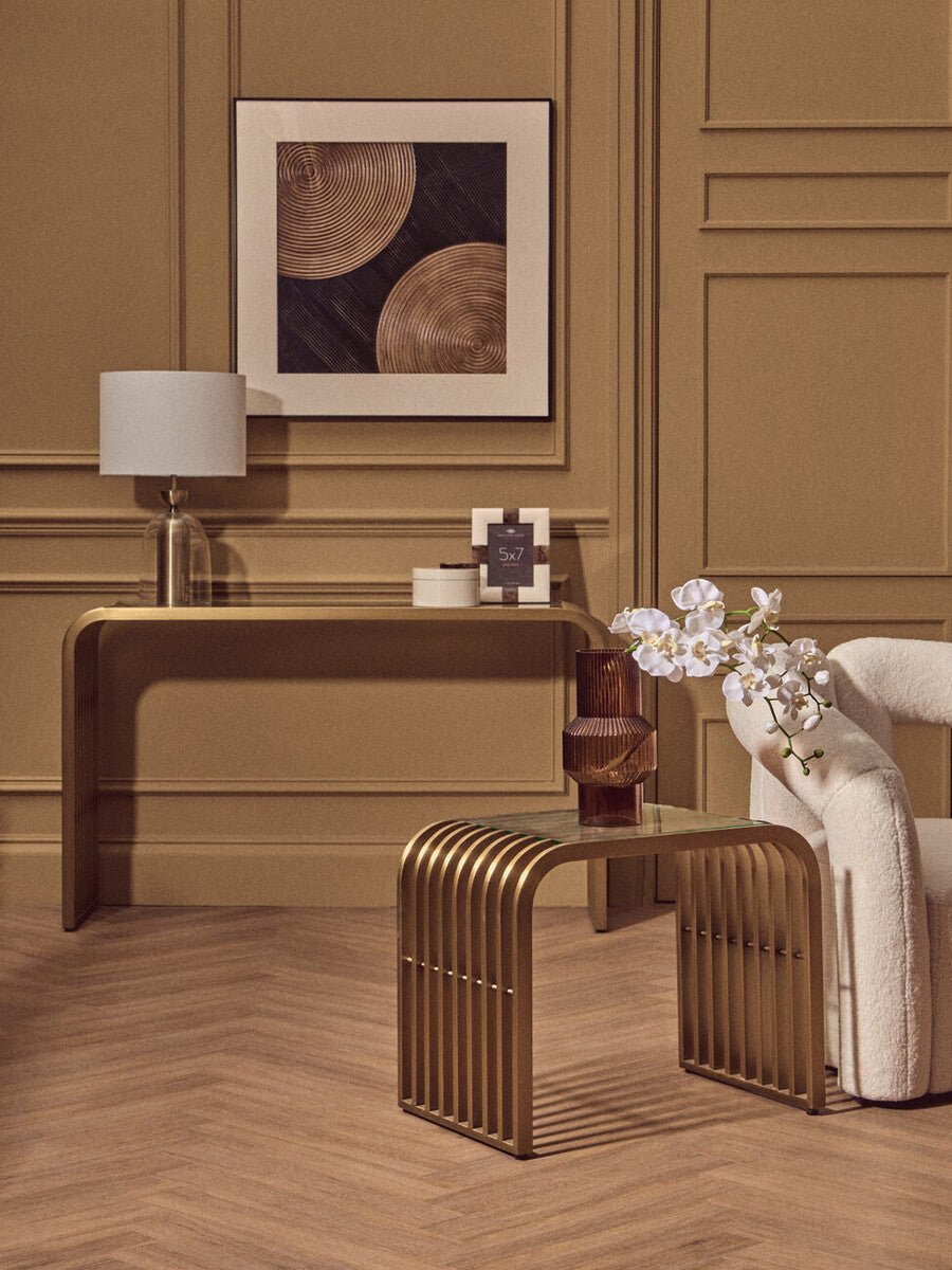 Matte Gold Slatted Console Table with Clear Glass Top | Vogue - MOOAZAA