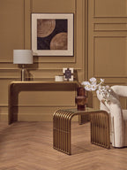 Matte Gold Slatted Console Table with Clear Glass Top | Vogue - MOOAZAA