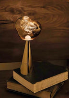 Decorative lamp with a vintage design on top of books against a wooden background