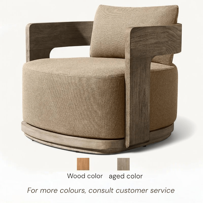Beige armchair with wooden frame on a white background