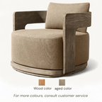 Beige armchair with wooden frame on a white background