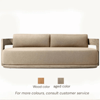 Beige sofa with wooden armrests on a white background