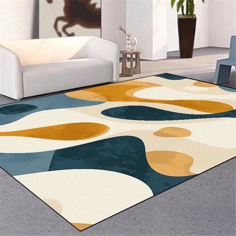 Colorful abstract rug on a gray floor with a white couch and plant in the background