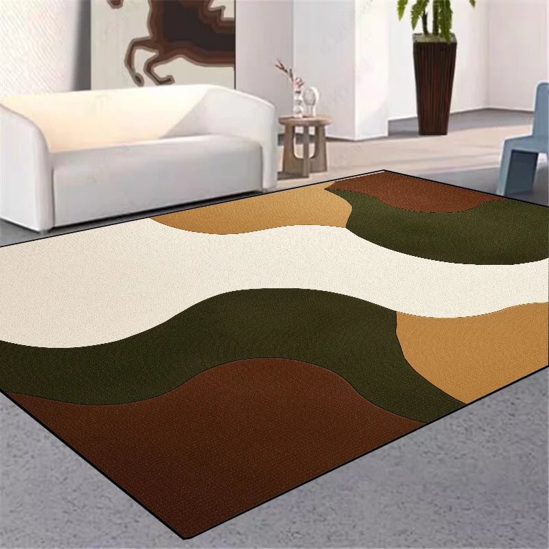 Multicolored area rug with wavy pattern in a living room setting