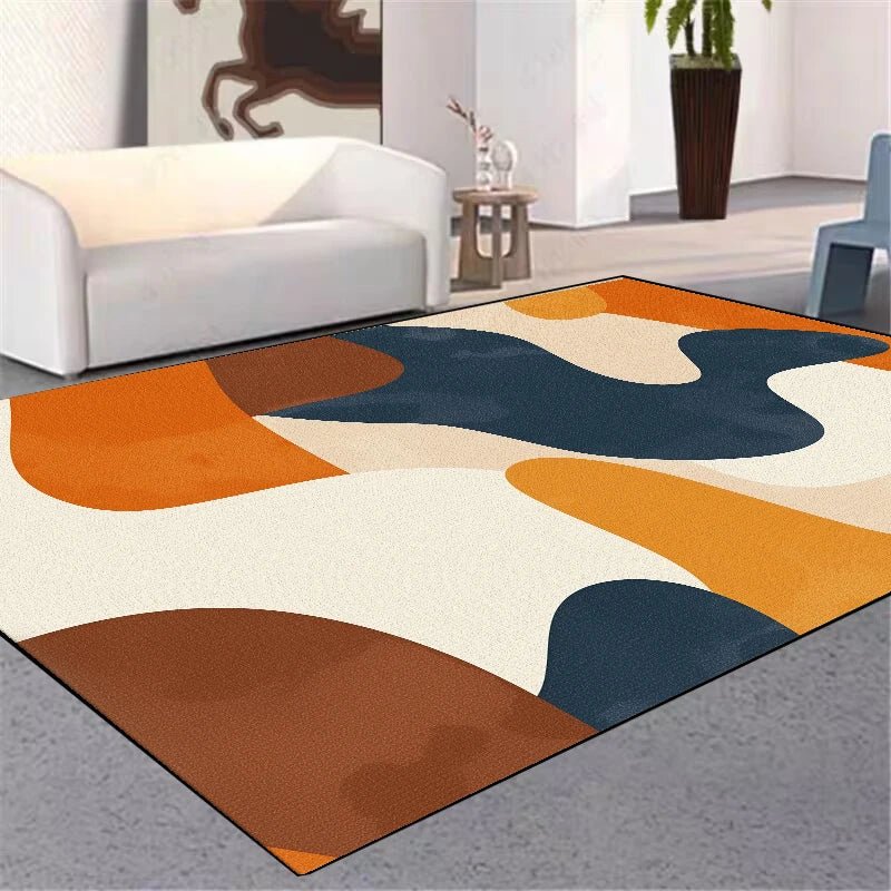 Colorful abstract rug on a gray floor with a modern living room setting.