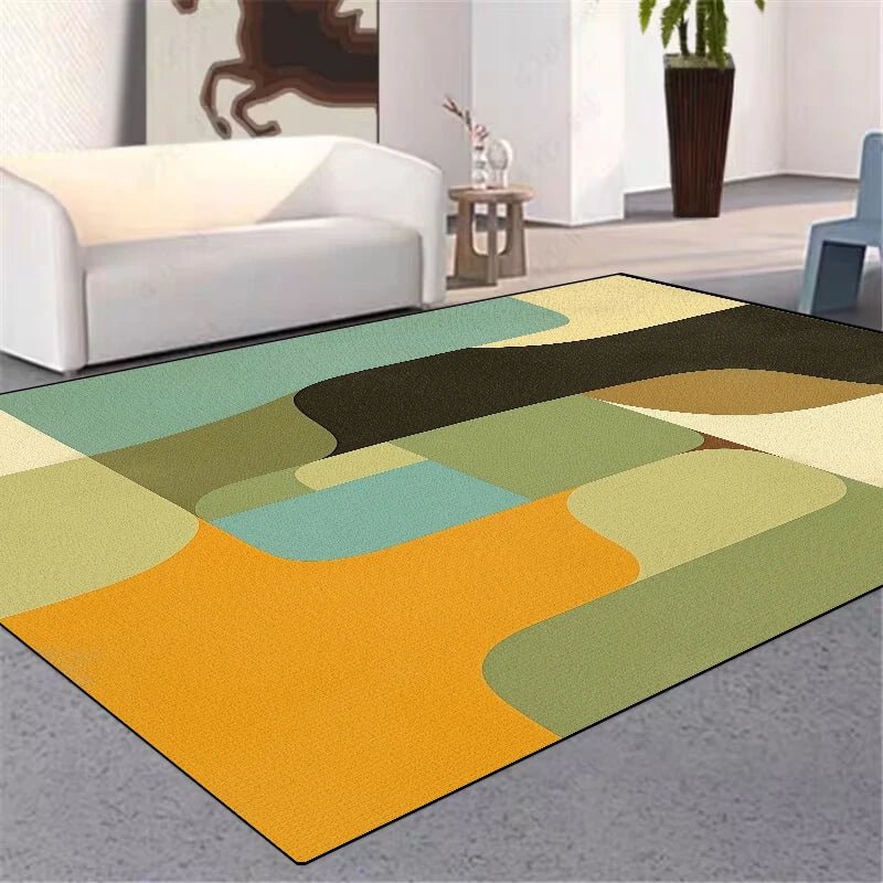 Colorful geometric rug in a living room setting with a white sofa and modern decor.