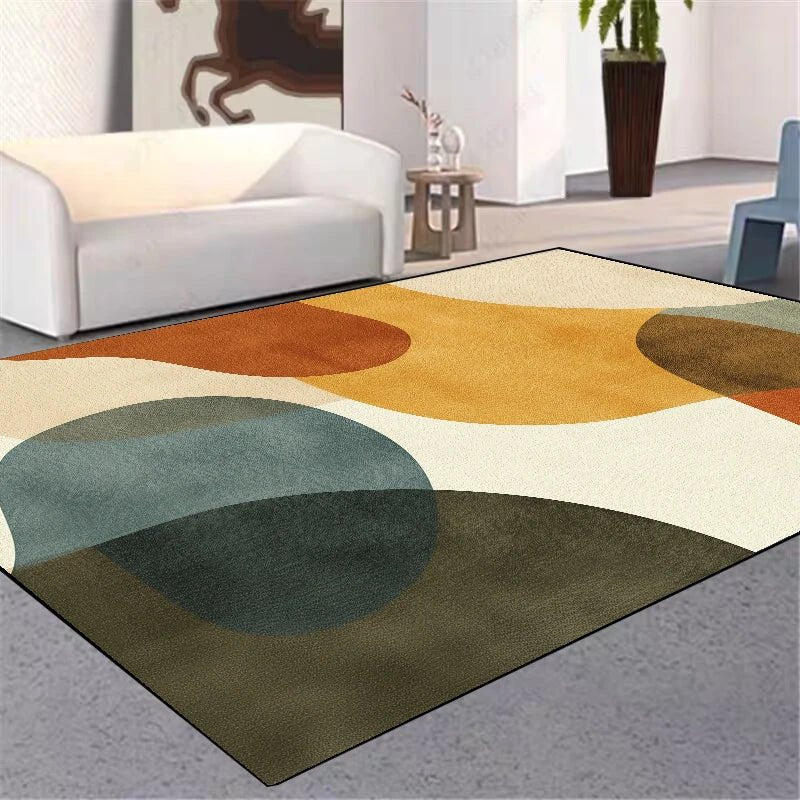 Multicolored abstract rug in a living room setting with a white sofa and modern decor.