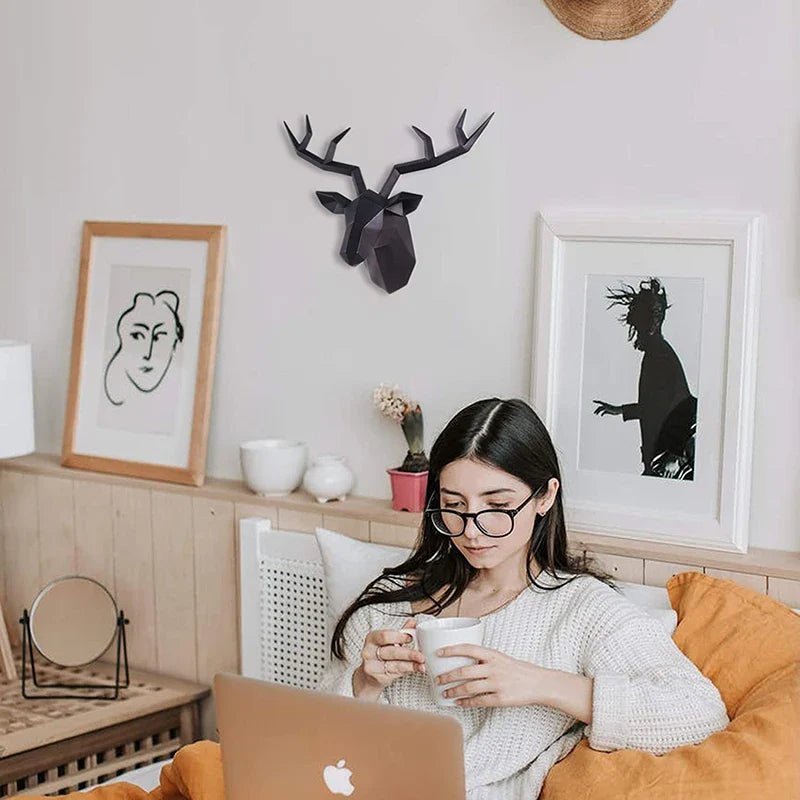 Modern Geometric Deer Head Wall Sculpture – Resin Antler Decor - MOOAZAA