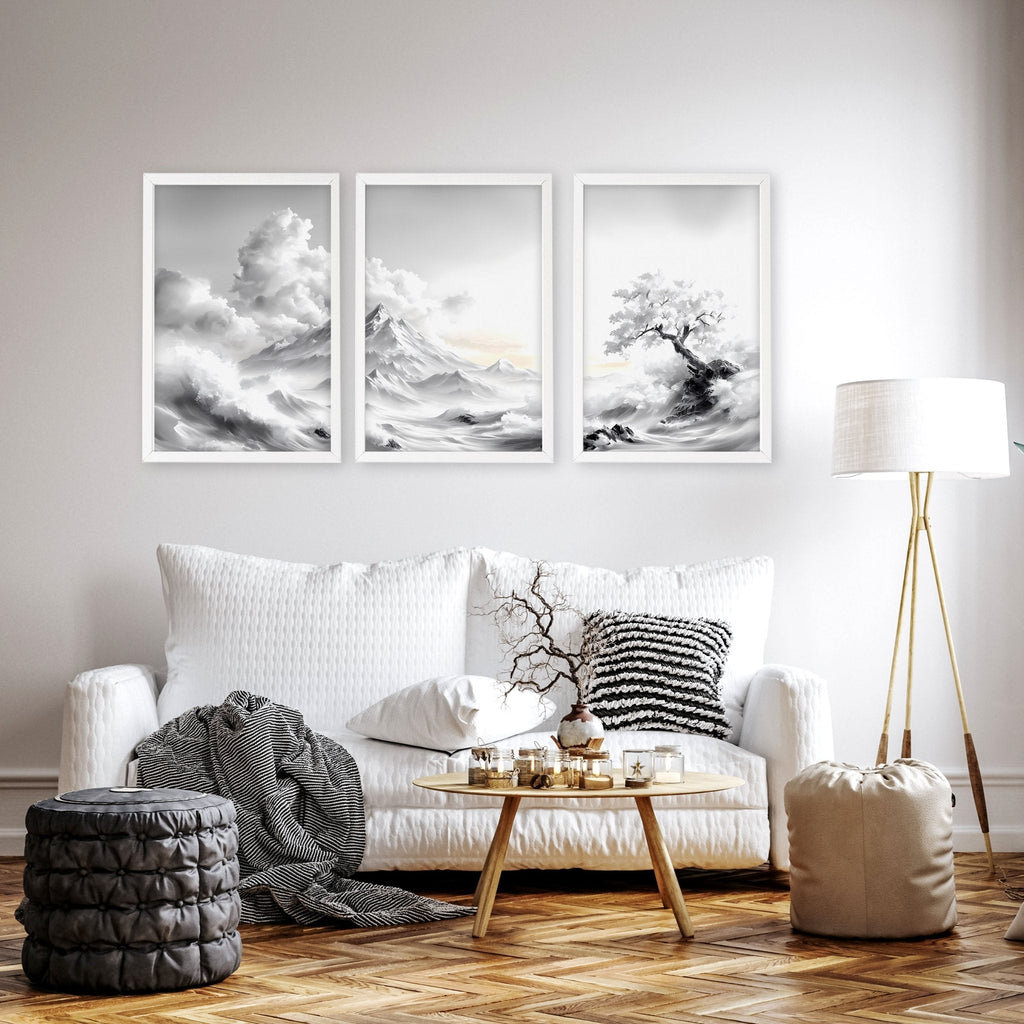 Modern Living Room Wall Decor | Set of 3 Asian Inspired Wall art Prints