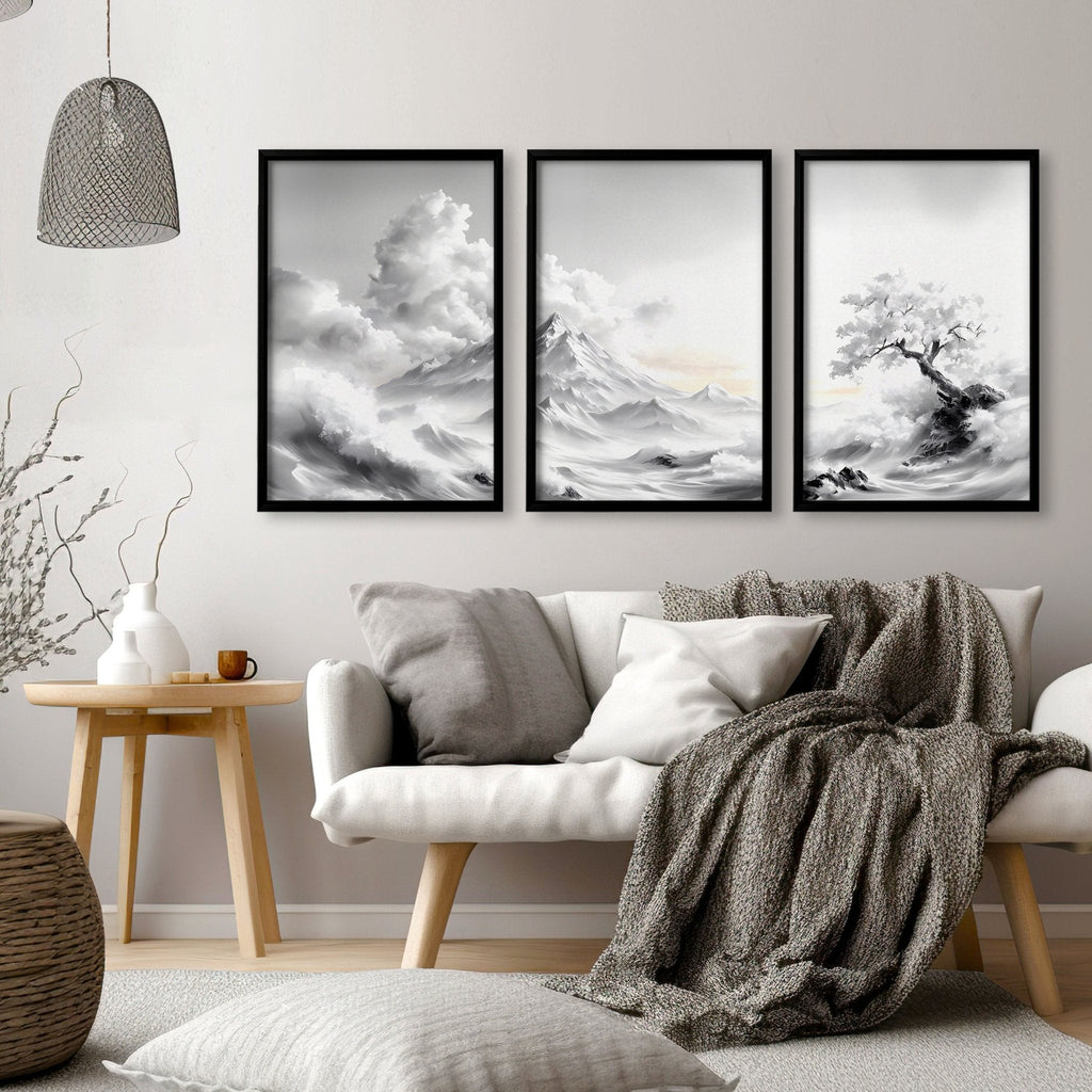 Modern Living Room Wall Decor | Set of 3 Asian Inspired Wall art Prints