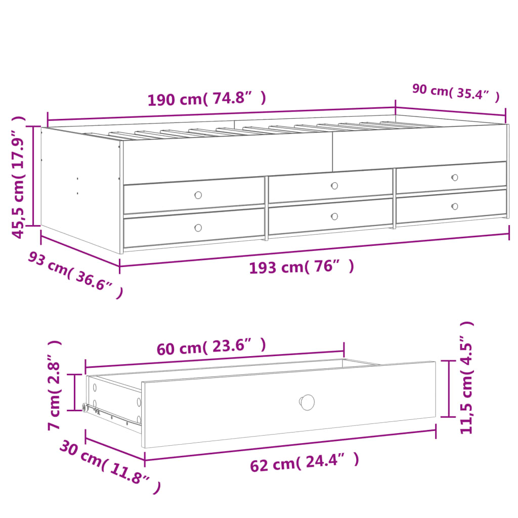 Modern Wooden 2 - in - 1 Single Size 90cm Daybed With 6 Storage Drawers Wood Sofa Beds - MOOAZAA