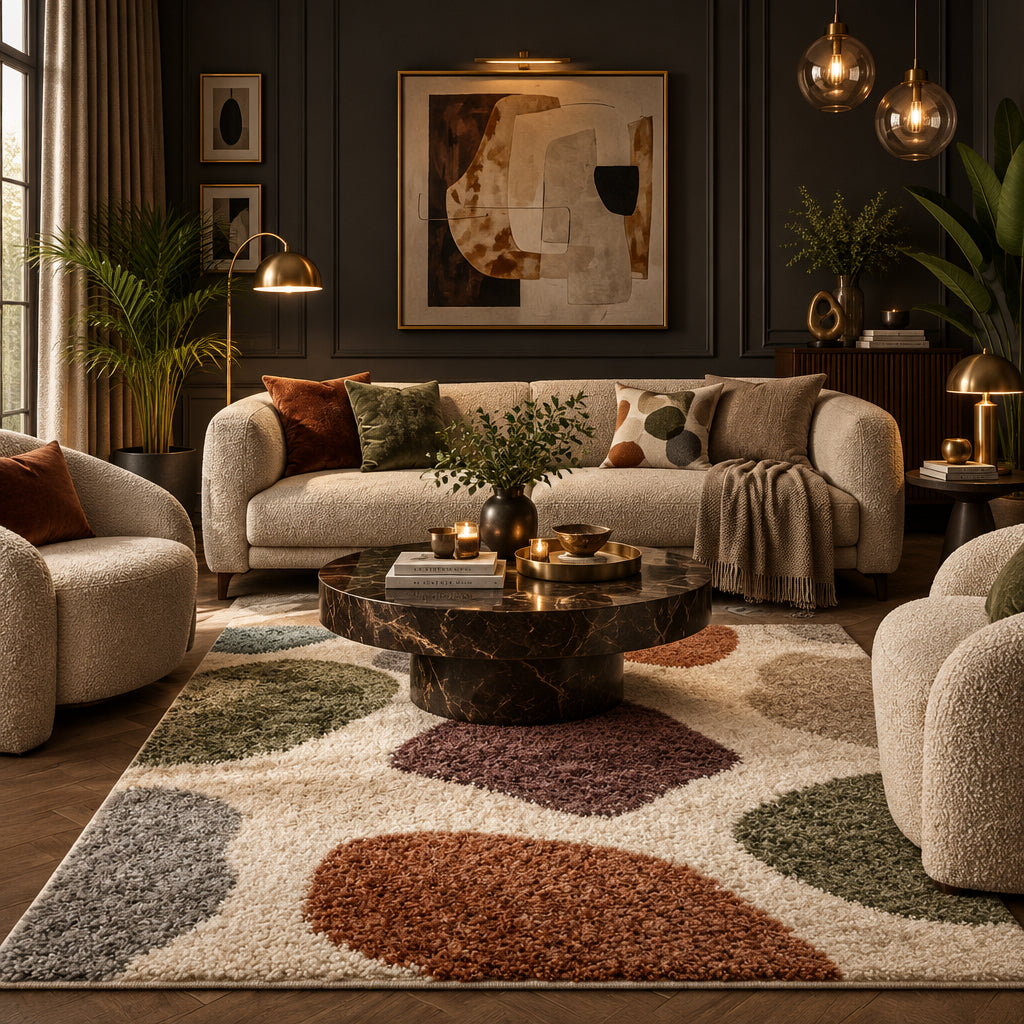 Living room with a patterned rug, sofa, and decorative items.