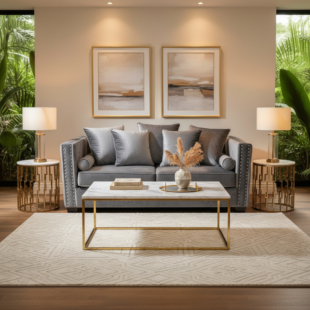 Gray velvet sofa with decorative pillows in a room with a tropical plant background