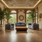 Luxurious living room with gray sofas, wooden coffee table, and decorative elements.