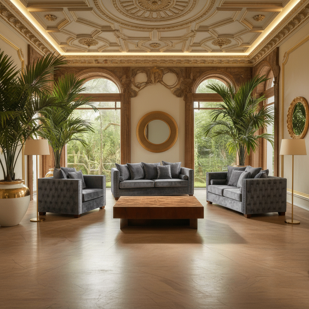 Luxurious living room with gray sofas, wooden coffee table, and decorative elements.