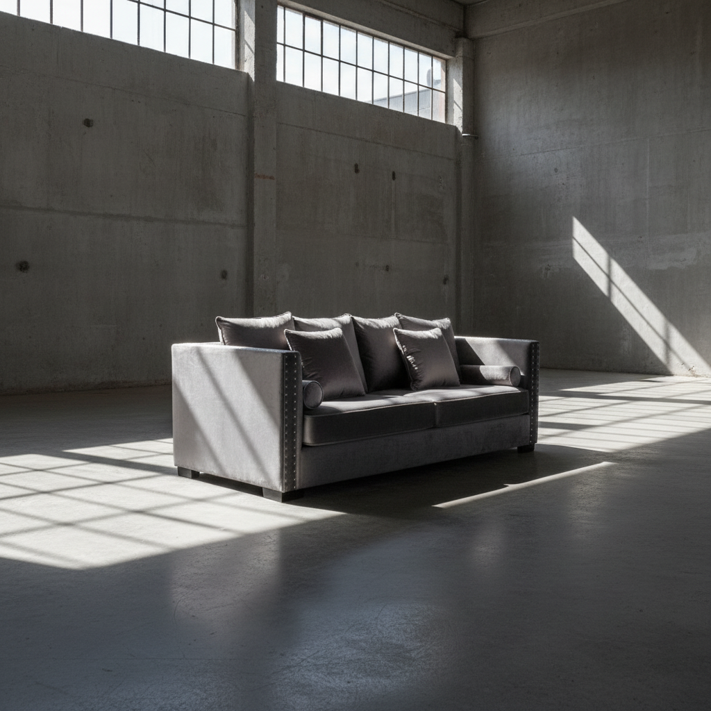 Gray sofa in a sunlit room with concrete walls and floor