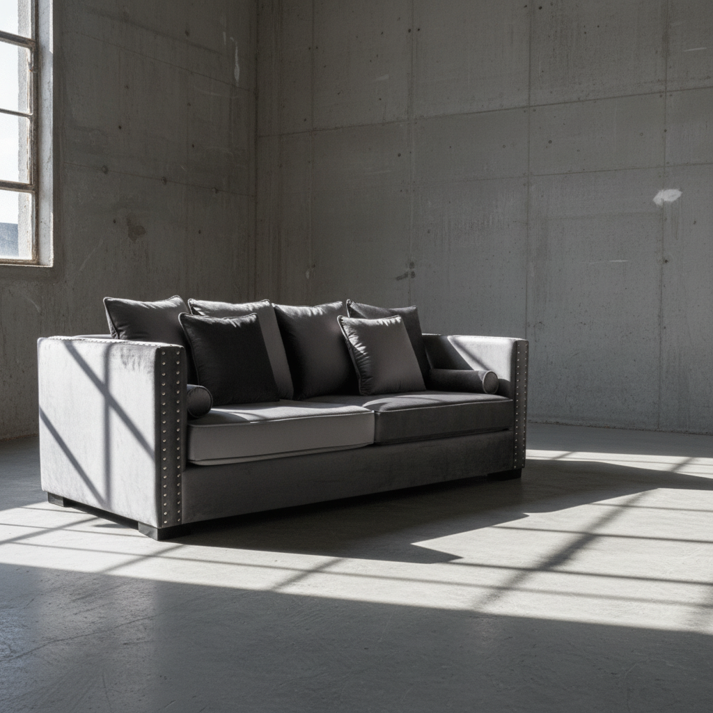 Gray sofa in a room with concrete walls and floor