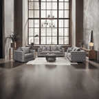 Modern living room with gray sofa set and large window