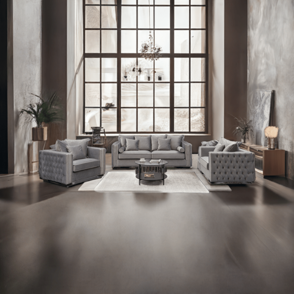 Modern living room with gray sofa set and large window