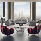 Modern living room with gray sofa, armchairs, and red chairs in front of a cityscape view.