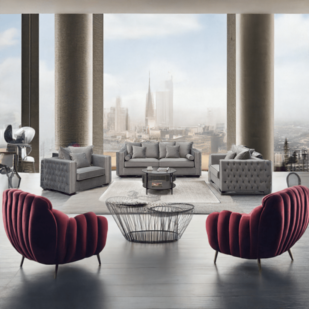 Modern living room with gray sofa, armchairs, and red chairs in front of a cityscape view.