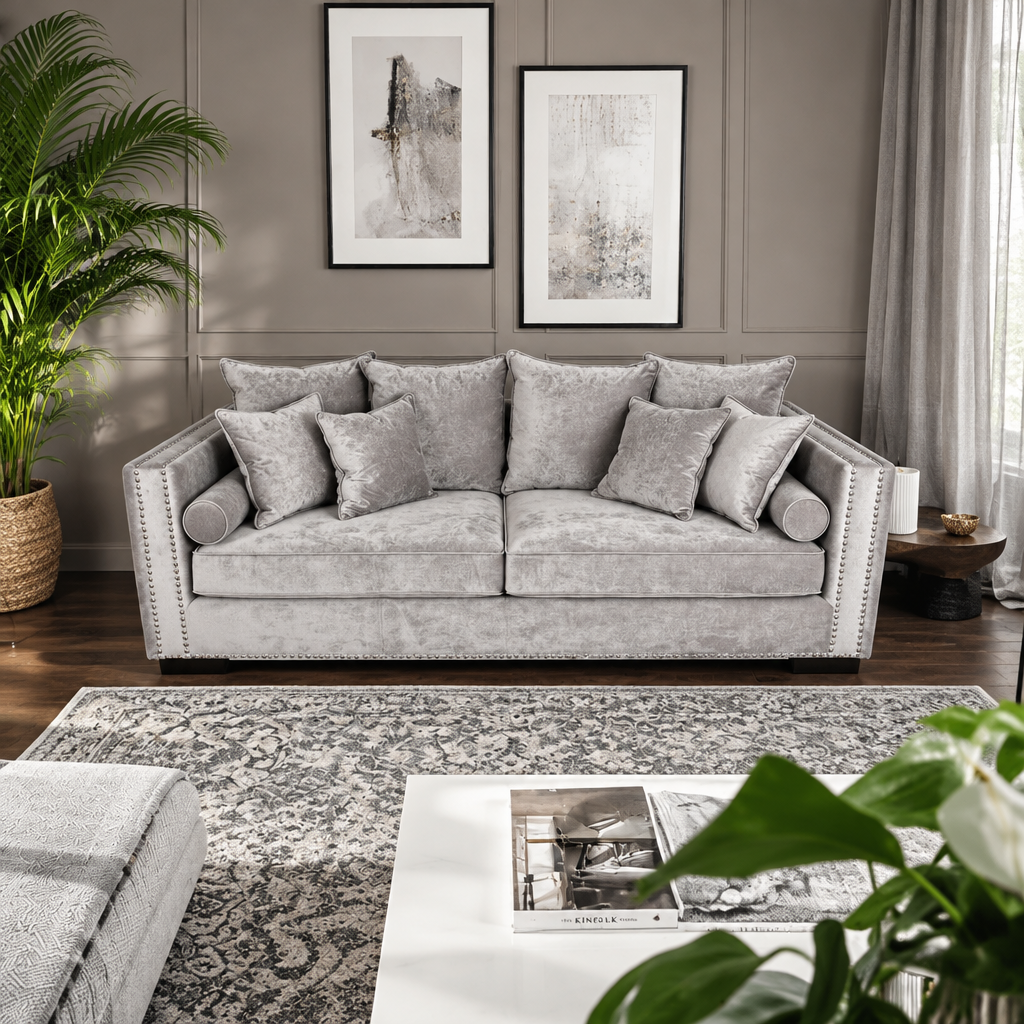 Gray sofa in a living room with framed art on the wall and a coffee table.
