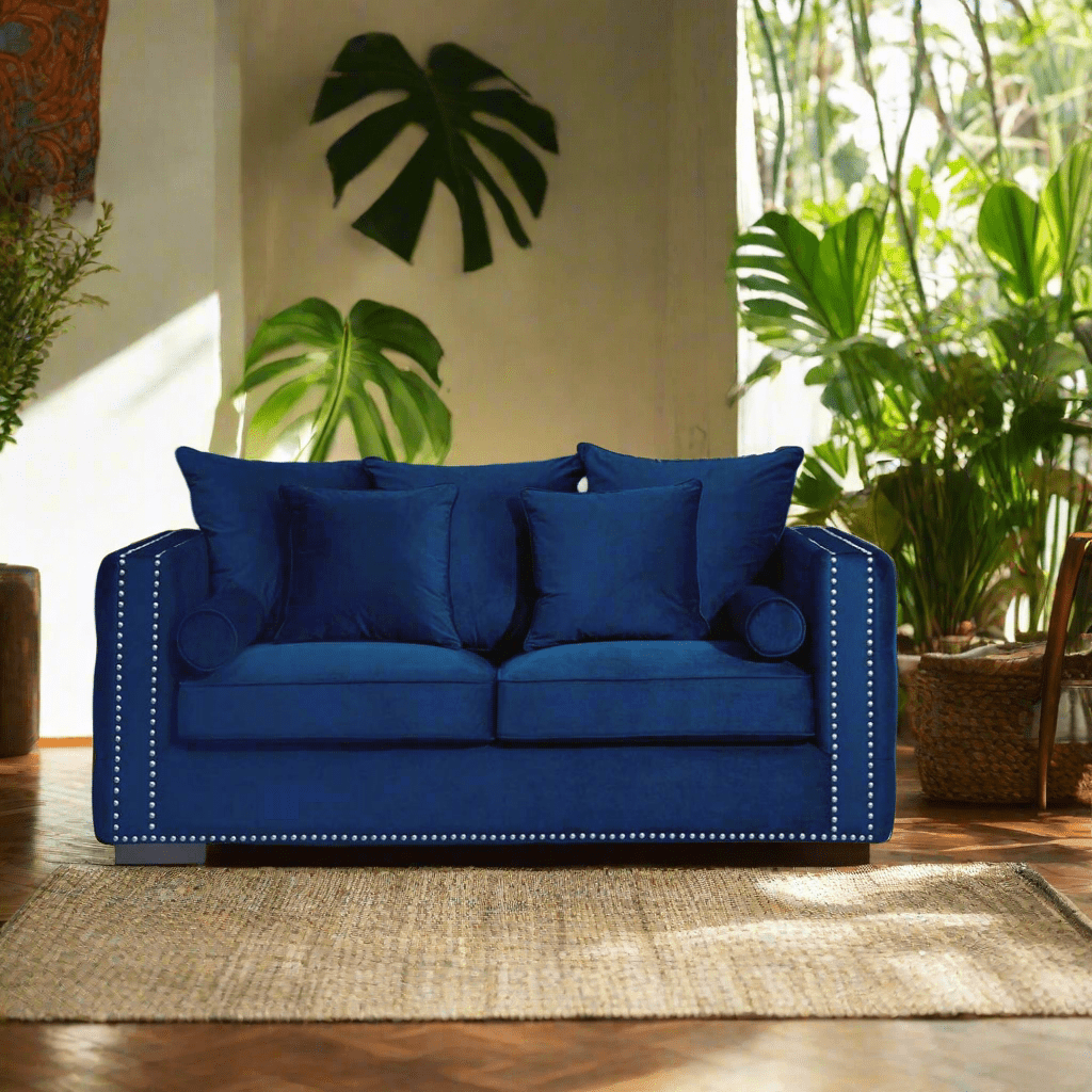 Blue sofa with decorative pillows in a room with plants