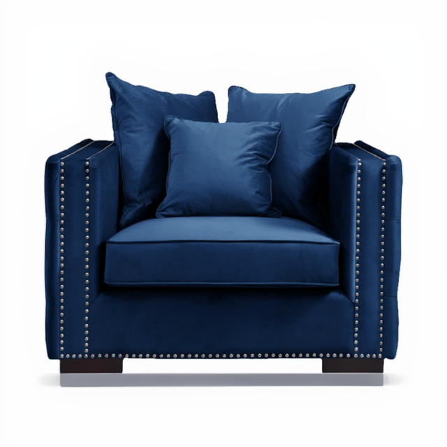 Blue armchair with three matching pillows on a white background