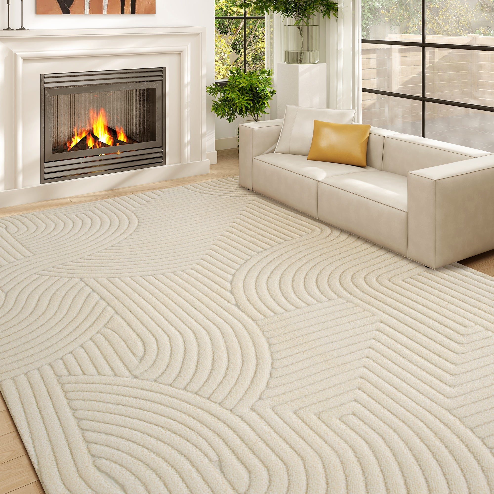 HOMCOM Modern Geometric Rug, Thick Plush, Non-Slip, 160 x 120 cm – Cream, Living Room/Bedroom/Office