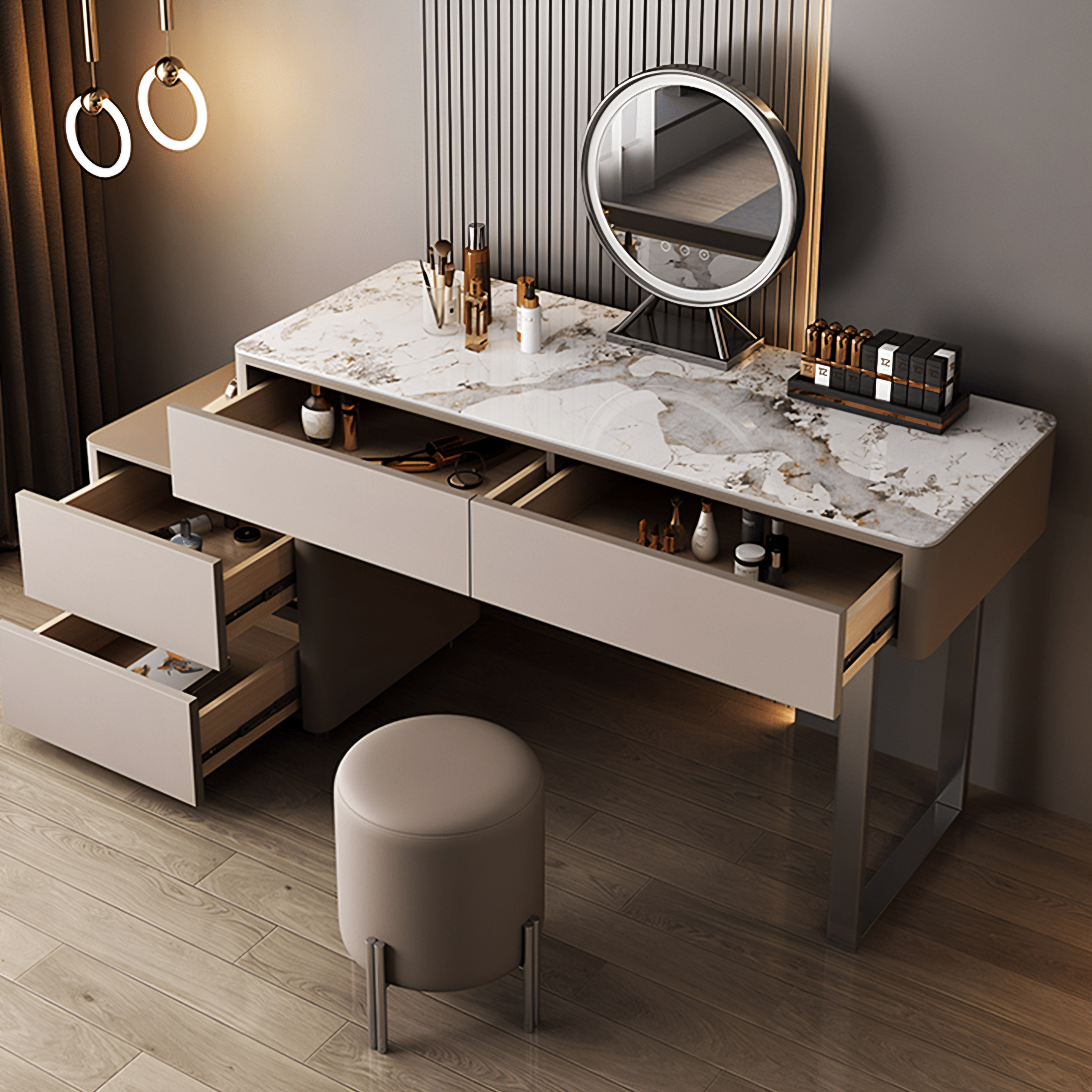 A modern vanity desk with a white and gray marble-patterned top, beige drawers, a round built-in mirror, and a matching beige stool, shown in a styled room setting.