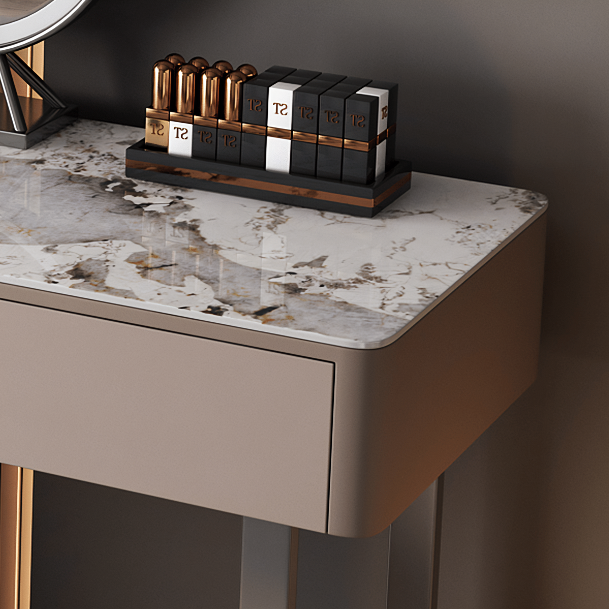 A modern vanity or side table with a white and gray marble-patterned top and a taupe-beige cabinet body, shown in a styled interior setting.