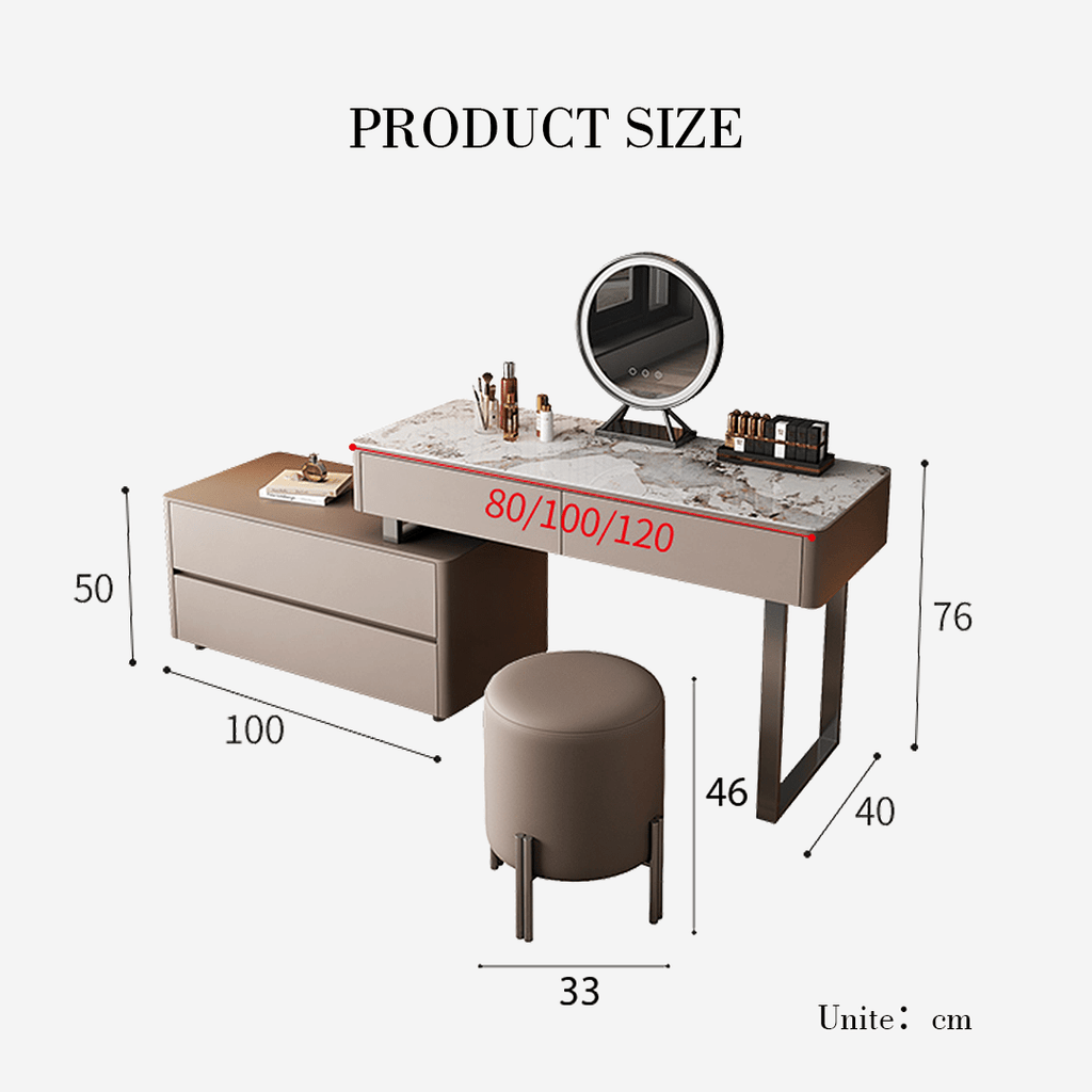 Dressing table with dimensions labeled on a white background