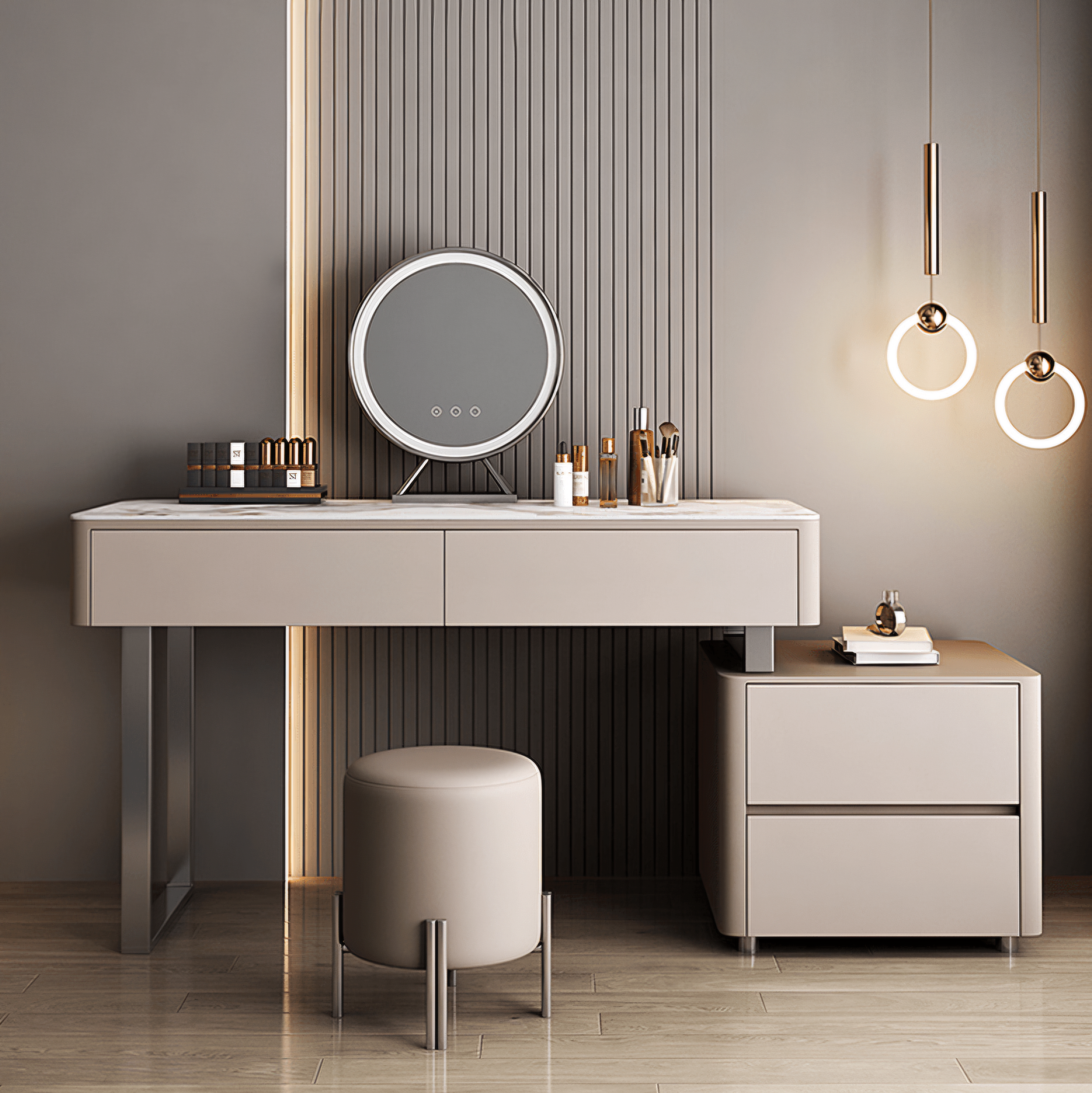 A modern vanity desk set in a minimalist room, featuring a light beige makeup table with a round backlit mirror, a matching cylindrical stool, and a coordinating two-drawer side cabinet. The background consists of a gray slatted wall with warm vertical lighting and two hanging pendant lights.