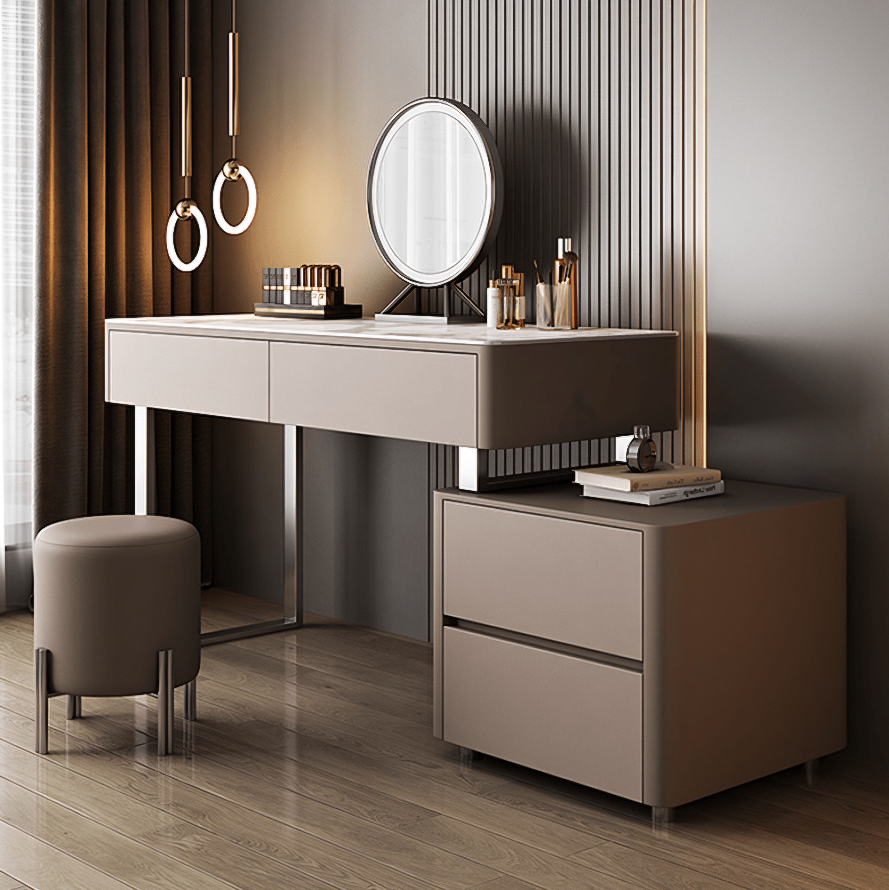 A modern vanity desk set in a styled bedroom or dressing area, featuring a light beige makeup table with a round backlit mirror, a matching cylindrical stool, and a small side cabinet with drawers.