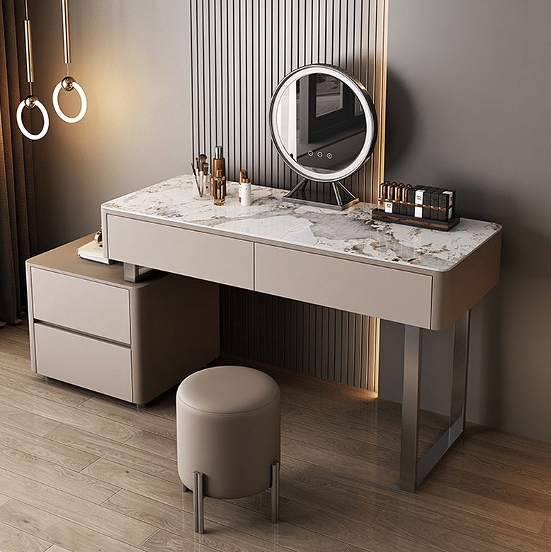 Modern vanity table with mirror and stool in a stylish room.
