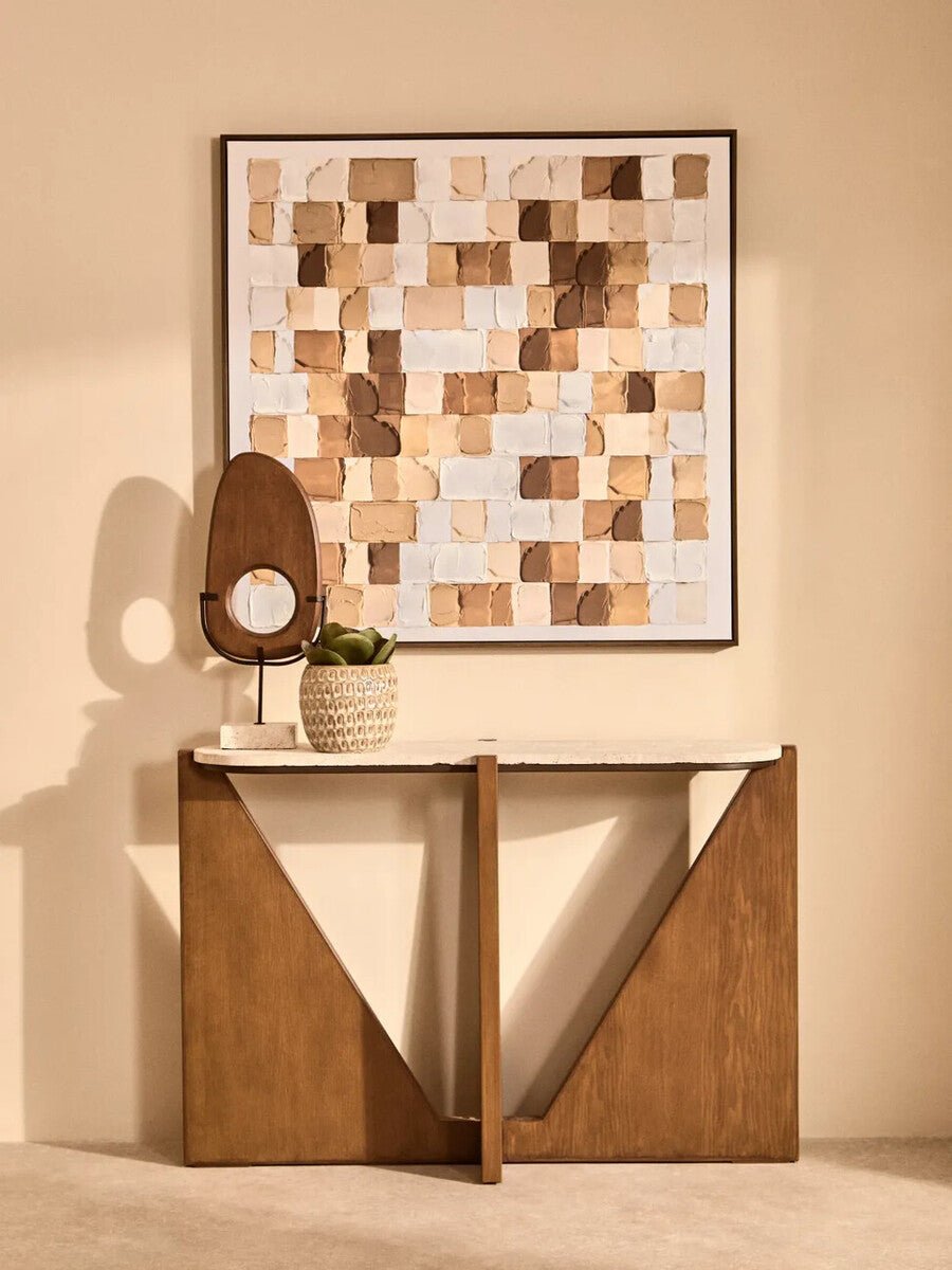 Natural Wood Vertical Sculpture with Travertine Base | Westo - MOOAZAA