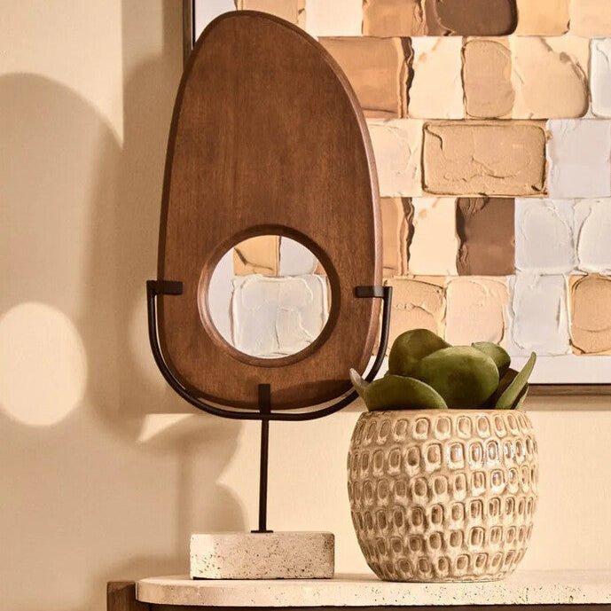 Natural Wood Vertical Sculpture with Travertine Base | Westo - MOOAZAA
