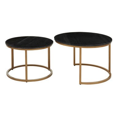 Nest of 2 Black Round Marble Top Tables with Gold Finish Metal Frames | Varana - MOOAZAA