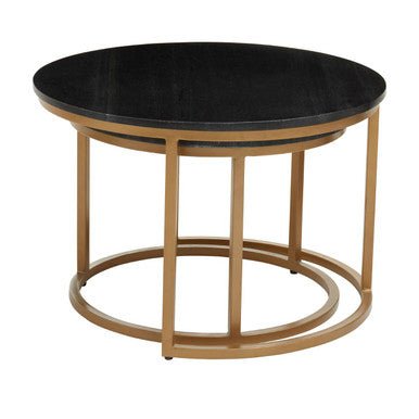 Nest of 2 Black Round Marble Top Tables with Gold Finish Metal Frames | Varana - MOOAZAA