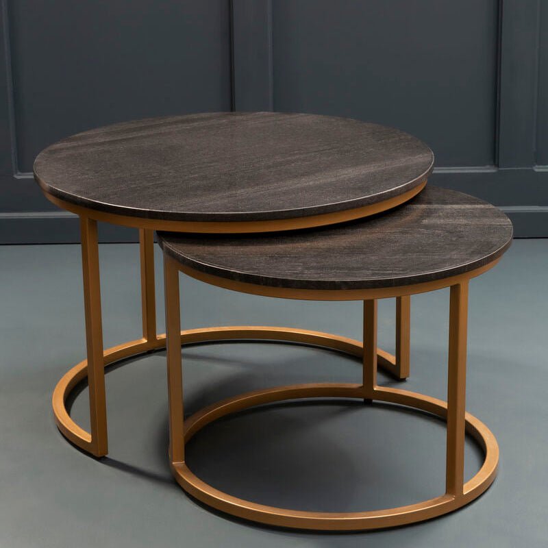 Nest of 2 Black Round Marble Top Tables with Gold Finish Metal Frames | Varana - MOOAZAA