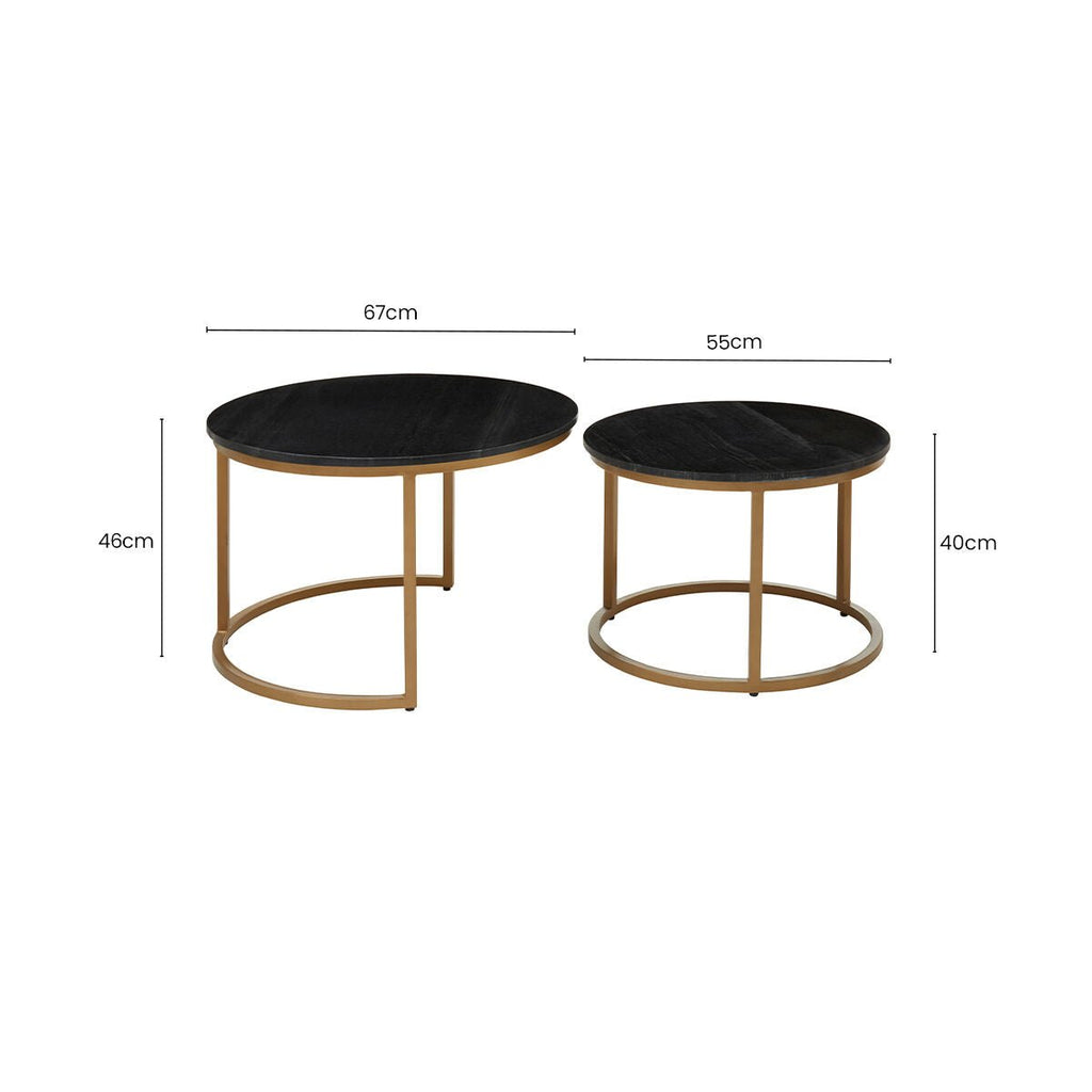 Nest of 2 Black Round Marble Top Tables with Gold Finish Metal Frames | Varana - MOOAZAA