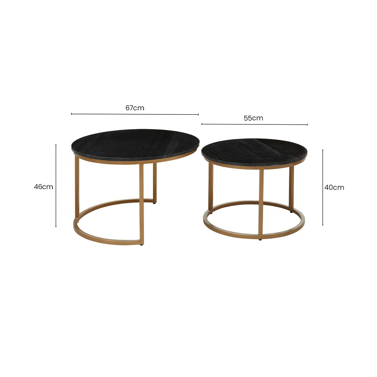 Nest of 2 Black Round Marble Top Tables with Gold Finish Metal Frames | Varana - MOOAZAA