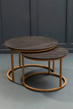 Nest of 2 Black Round Marble Top Tables with Gold Finish Metal Frames | Varana - MOOAZAA