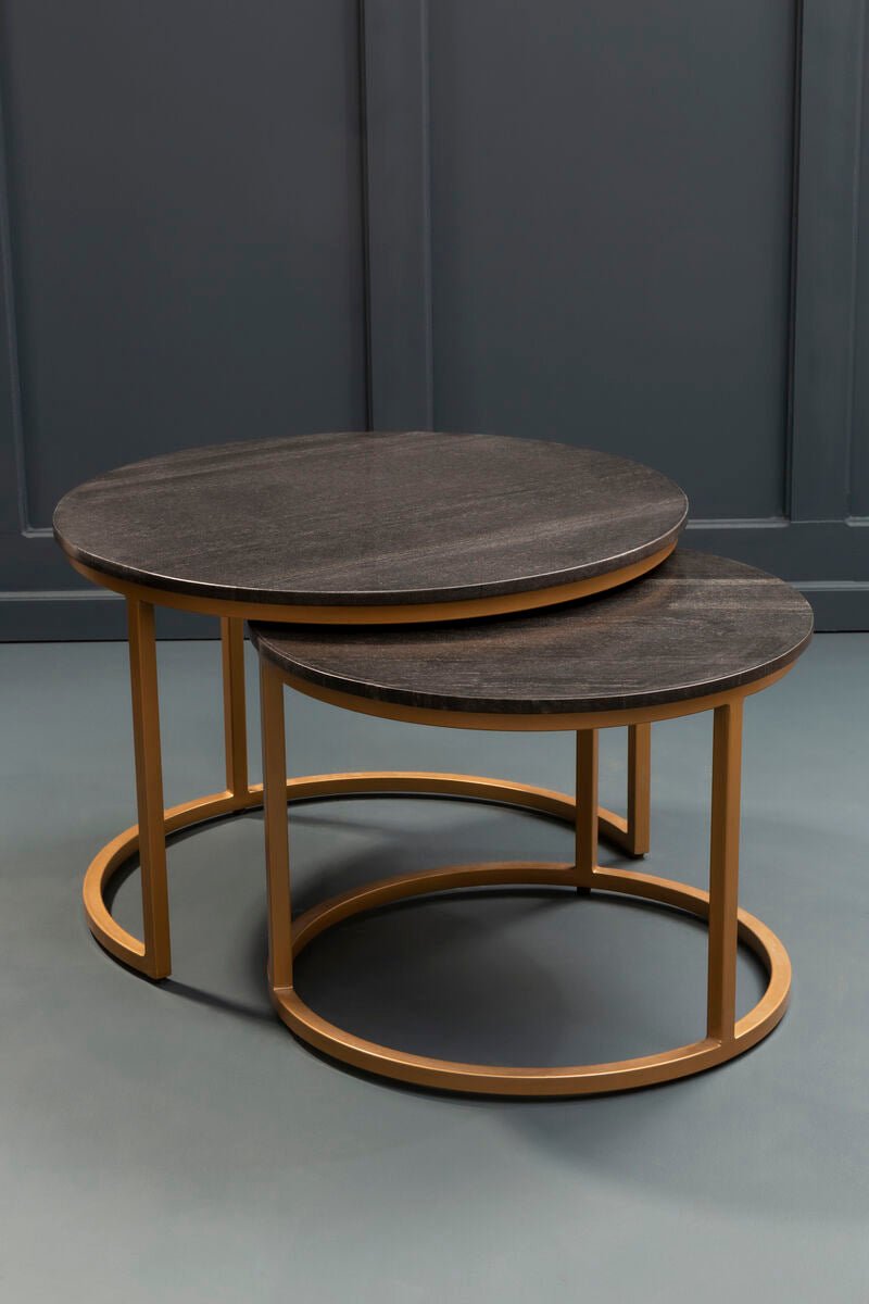 Nest of 2 Black Round Marble Top Tables with Gold Finish Metal Frames | Varana - MOOAZAA