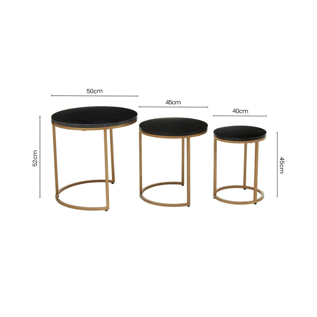 Nest of 3 Black Marble Round Top Nesting Tables with Matte Gold Metal Base | Varana - MOOAZAA