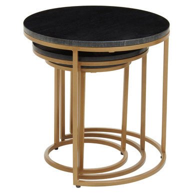 Nest of 3 Black Marble Round Top Nesting Tables with Matte Gold Metal Base | Varana - MOOAZAA