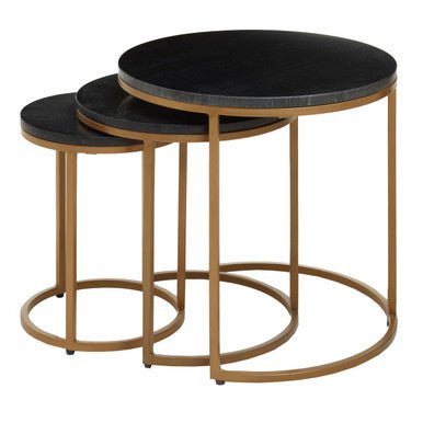 Nest of 3 Black Marble Round Top Nesting Tables with Matte Gold Metal Base | Varana - MOOAZAA
