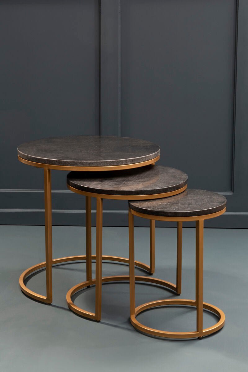 Nest of 3 Black Marble Round Top Nesting Tables with Matte Gold Metal Base | Varana - MOOAZAA