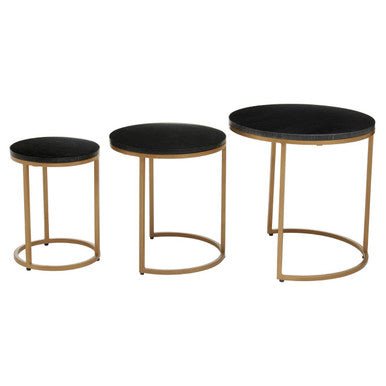 Nest of 3 Black Marble Round Top Nesting Tables with Matte Gold Metal Base | Varana - MOOAZAA